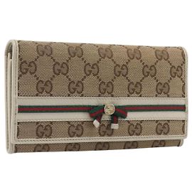 GUCCI GG Canvas Web Sherry Line Long Wallet Beige Gold Auth 205505V