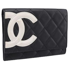 CHANEL Cambon Line Matelasse Wallet Leather Black Silver CC Auth 205206A