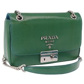 Borsa a Tracolla con Catena PRADA Pelle Safiano Verde Argento Auth 207634V