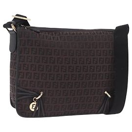 FENDI Zucchino Canvas Shoulder Bag Dark Brown Gold Auth 206775A