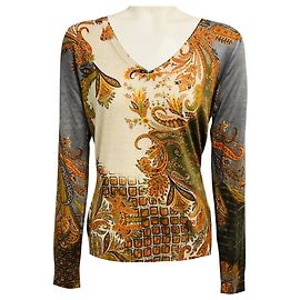 Etro Beige / Grey Multi Paisley Patterned Long Sleeved V-Neck Silk and Cashmere Knit Pullover Sweater