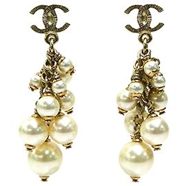 Gold Chanel CC Gold Plated Faux Pearl Tassel Drop Push Back Closure Costume Earrings