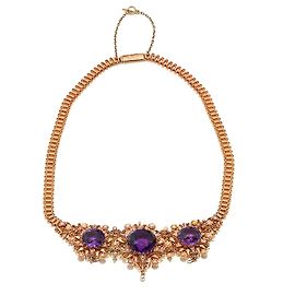 Autre Marque Collana antica con 3 ametiste e perle oro rosa 750/18K 40cm