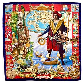Hermès Foulard seta Les Amériques 90cm Oliver Kermit 1992