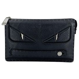 Fendi Clutch Pochette Selleria de piel negra Monster Bugs Eye