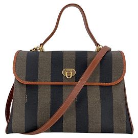 Fendi Vintage Brown and Black Striped Canvas Pequin Top Handle Shoulder Bag