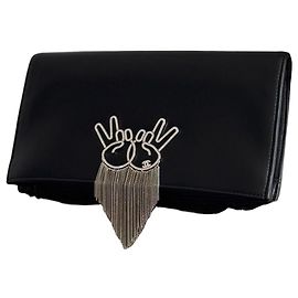 Chanel Bolsa de mão couro preto Sinal de Paz