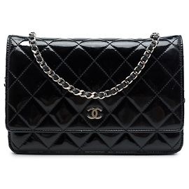 Chanel Black CC Quilted Patent Wallet On Chain