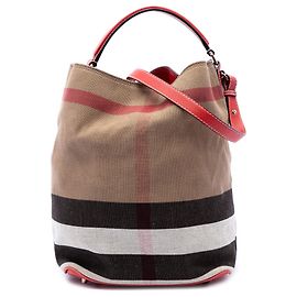 Bolsa Bucket Burberry Ashby em lona Mega Check castanha, tamanho Medium