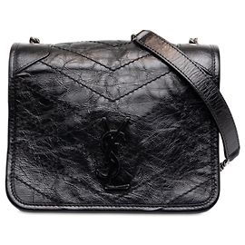 Autre Marque Saint Laurent Black Crinkled Calfskin Niki Wallet on Chain