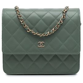 Chanel Green CC Square Quilted Lambskin Wallet on Chain