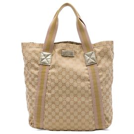 Sacola Gucci em lona GG bege com faixa Web