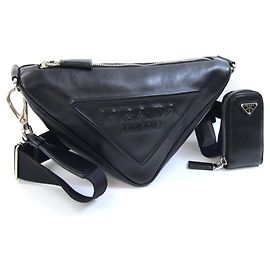 Prada Black Leather Triangle Pochette Crossbody Bag