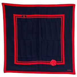 Chanel Silk Scarf in Navy with Camellia Design