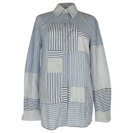 Camicia Gabriela Hearst Taj in cotone upcycled patchwork azzurro
