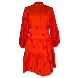  Erdem Embroidered Mini Tiered Dress in Orange Cotton