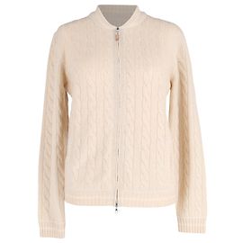 Cardigã com zíper em malha trançada Brunello Cucinelli em cashmere creme