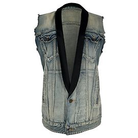 Autre Marque Colete de ganga Saint Laurent com gola smoking em algodão azul