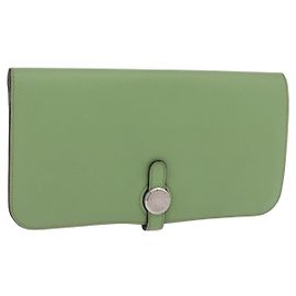 Hermès Cartera Larga HERMES Dogon de Cuero Verde Plata Auth 206778M