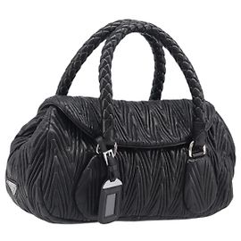 Bolsa de mão PRADA em couro preto prata BN1235 Auth am12716A