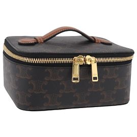 Céline CELINE Triomphe Vanity Pouch PVC Black Gold Auth 207214V