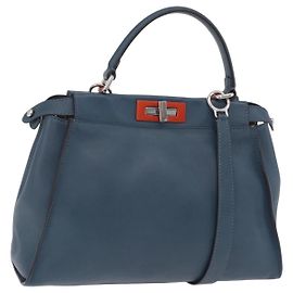FENDI Peek A Boo Handtasche Leder 2way Blau Silber 8BN290 Auth ka6482V