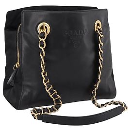 Bolso Tote de cadena PRADA en cuero y nailon negro y dorado Auth am12698V