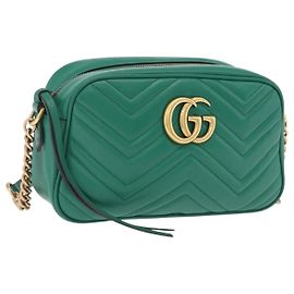 GUCCI GG Marmont Schultertasche mit Kette aus Leder Grün Goldfarben 447632 Auth ka6487V