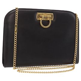 Salvatore Ferragamo Gancini Chain Schultertasche aus Leder Braun Gold Auth ka6429A