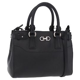 Salvatore Ferragamo Gancini Handtasche Leder 2way Schwarz Silber Auth ka6483A
