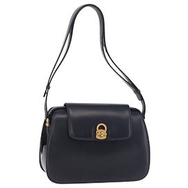 Bolsa de Ombro GUCCI em Couro Azul Marinho e Dourado Autêntica 206895