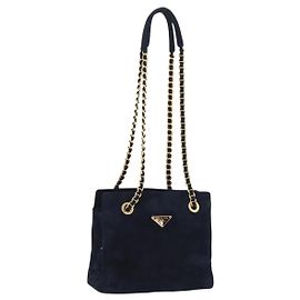Borsa Tote a Tracolla con Catena PRADA Camoscio Navy Gold Auth 207632V