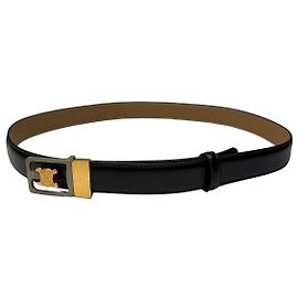Céline Cinto Vintage Celine Triomphe em couro granulado Final dos anos 1980 Black Gold