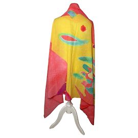 Écharpe Vintage Issey Miyake Imprimé Abstrait Fin des années 1990 Corail Jaune Turquoise