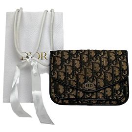 Bolso bandolera con solapa Vintage Dior Oblique Canvas Finales de los 1970 Beige Black
