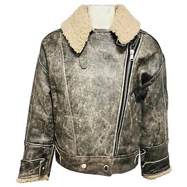 Autre Marque Walter Baker Black Sand / Beige Richie Leather Jacket with Faux Shearling Fur Lining