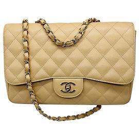 Bolso Chanel Single Flap de piel de caviar acolchada beige con correa de cadena y herrajes dorados