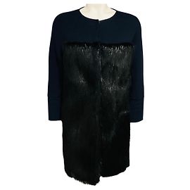 Autre Marque Abrigo Pologeorgis de lana y cachemira azul marino con piel de castor negra