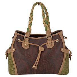 Etro Bolso tote de paja tejida y lona con estampado paisley multicolor y asa trenzada