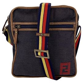 Fendi Dark Blue Denim Canvas Striped Web Strap Messenger Crossbody Bag