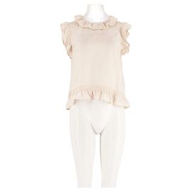 Autre Marque Top de seda bege com folhos e mangas curtas