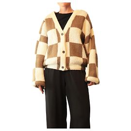 Autre Marque Cardigã de malha xadrez castanho e creme - size L