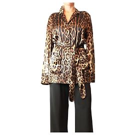 Dolce & Gabbana Blusa de seda marrón con estampado de leopardo y cinturón - size UK 12