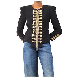 Balmain Chaqueta Napoleon FW10 azul marino adornada con cadenas - size UK 10