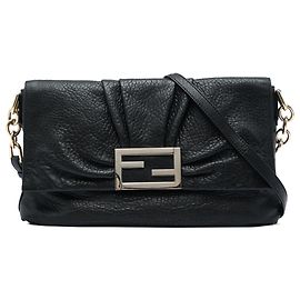 Fendi Mia Flap Crossbody aus schwarzem geknittertem Lammleder Large