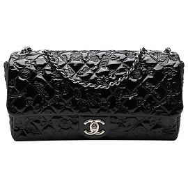 Chanel Black Jumbo Patent Embossed Lucky Symbols Flap