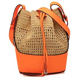 Borsa a secchiello Balloon LOEWE Small in rafia e vitello Beige