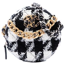 Chanel White Tweed 19 Round Clutch with Chain and Coin Purse