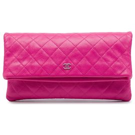 Chanel Pink Quilted Caviar CC Beauty Foldover Clutch