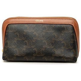 Céline Celine Bolsa de Cosméticos Small Triomphe em Tela Revestida e Pele de Bezerro, Castanho